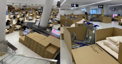 Khách tới sân bay Nhật được cách ly tại chỗ trong hộp carton