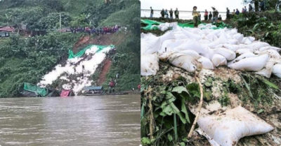 Xe chở hàng chục tấn gạo lao xuống sông