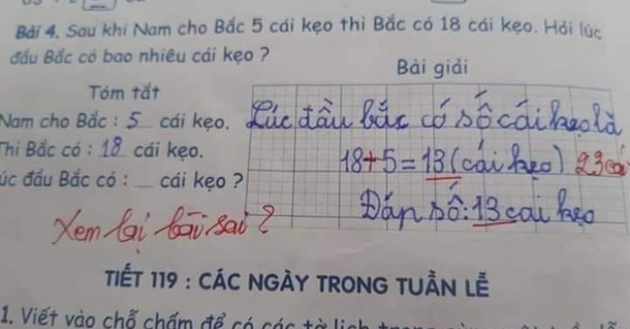 Học sinh giải có 13 cái kẹo, đáp án của giáo viên là 23