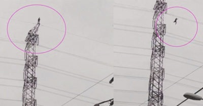 Clip người đàn ông nhảy xuống từ đỉnh cột điện cao thế