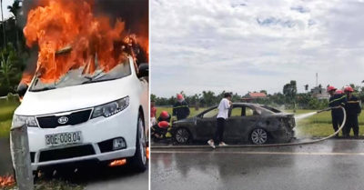 Ôtô đang chạy bất ngờ bốc cháy ngùn ngụt