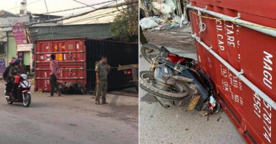 Xe đầu kéo mất lái, rơi thùng container đè chết một phụ nữ ở Bình Dương