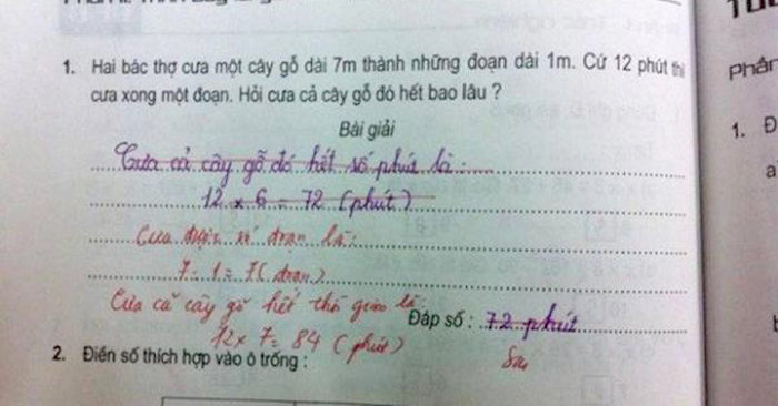 Hỏi ‘Cưa cây thành 7 đoạn biết 12 phút xong một đoạn’, học trò bị gạch sai, xem đáp án không biết ai đúng