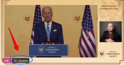 Giành 80 triệu phiếu bầu ‘hợp pháp’, diễn văn lễ tạ ơn của Biden chỉ thu hút 1.000 người xem trực tiếp