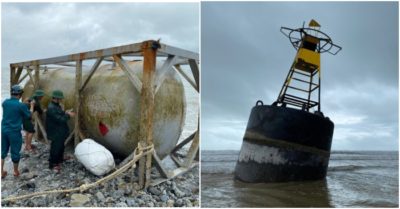 Vật thể lạ nghi là chất dễ cháy, in chữ Trung Quốc dạt vào bờ biển Quảng Ngãi