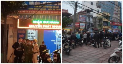 Nhiều người dân đứng xem công an Thái Bình phong tỏa văn phòng, bắt giám đốc Công ty xe khách Phúc Cường