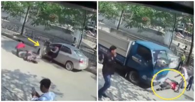 Thoát nạn kỳ diệu dưới bánh ôtô tải sau pha mở cửa vô ý thức của tài xế xe con