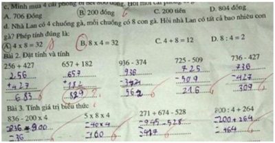 Học sinh chọn đáp án 4×8 = 32 nhưng giáo viên gạch đi chọn 8×4 = 32 mới là đúng