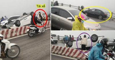 Nữ tài xế lái ôtô tông vào dải phân cách, lật ngửa trên cầu Vĩnh Tuy, Hà Nội