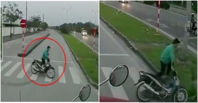 Clip: Container ‘dọa’ đối đầu, thanh niên hoảng hốt vứt xe máy bỏ chạy