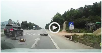 Land Cruiser tông 2 ông bà đi xe máy đang sang đường