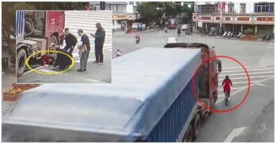 Clip: Bị xe đầu kéo ‘nuốt chửng’, người phụ nữ thoát nạn khó tin