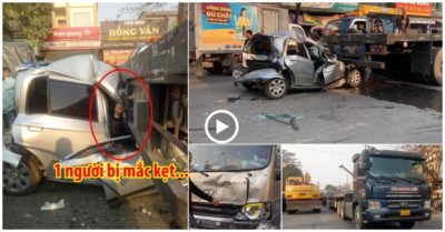 Dồn toa, ôtô 4 chỗ bị kẹp bẹp dúm, đầu dính chặt vào đuôi xe đầu kéo