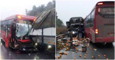 Xe khách và xe tải đối đầu, tài xế mắc kẹt trong cabin