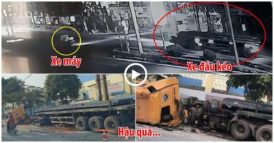 Tránh người phụ nữ đi xe máy, xe đầu kéo lao vào cột điện rụng cabin