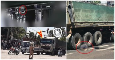 Hai người đàn ông đi xe máy bị xe đầu kéo tông ngã văng ra đường