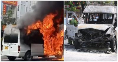 Video xe chở quan tài bốc cháy giữa phố, 2 thanh niên đi đường mải theo dõi nên xảy ra va chạm