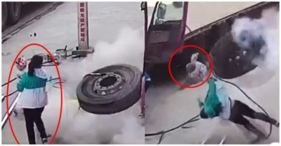 Video quên ngắt van máy bơm khiến lốp ôtô phát nổ, hất văng 2 mẹ con ra xa