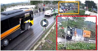 Video khoảnh khắc xe tải vào cua tông trực diện xe container, 3 người bị thương nặng