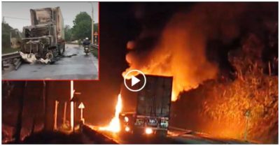 Video khoảnh khắc xe container lao vào dải phân cách bốc cháy, tái xế phá cửa nhảy ra ngoài