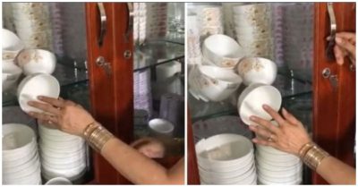 Video ghi lại cảnh buông không được mà nắm cũng không xong: Làm sao mở cửa tủ mà không vỡ bát?