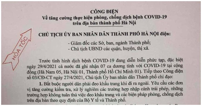 Công điện khẩn của TP. Hà Nội (ảnh dẫn nguồn từ Báo Chính Phủ).