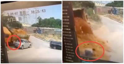 Video khoảnh khắc người đàn ông tháo chạy kịp thời, suýt bị xe tải chở đất vùi lấp