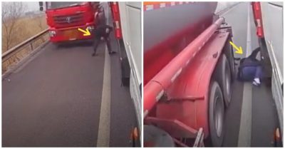 Video chui ra khỏi gầm xe đúng lúc xe bồn lao tới, tài xế bị tông ngã xuống đường