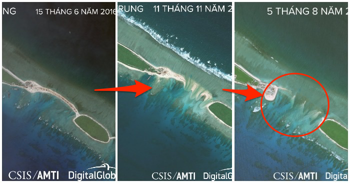 Trung Quốc xây dựng một công trình nối liền Đảo Bắc và Đảo Trung thuộc quần đảo Hoàng Sa. Ảnh chụp từ vệ tinh cho thấy công trình nguyên vẹn vào tháng 6/2016. Sau đó, nó bị thổi bay một phần trong bức ảnh tháng 11/2016 và gần như biến mất hoàn toàn vào tháng 8/2017