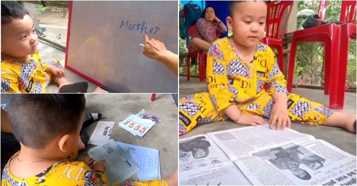 Bé Khang thể hiện khả năng đọc tiếng Việt, tiếng Anh trôi chảy trước nhiều người