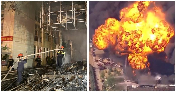 Bên trái: Hiện trường vụ cháy phòng trà ở Nghệ An vào sáng sớm 15/6/2021. Bên phải: Vụ nổ nhà máy hóa chất tại Mỹ vào tối 14/6/2021 theo giờ Việt Nam.
