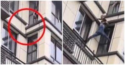 Video người đàn ông tay không leo lên tầng 3 cứu em bé mắc kẹt trong đám cháy