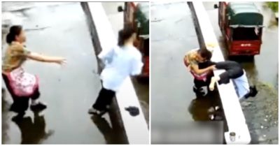 Video mẹ kịp thời nắm lấy chân cứu con trượt ngã khỏi lan can