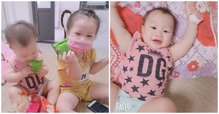 Hình ảnh hai chị em F0 chơi đùa với nhau trong bệnh viện (ảnh Facebook Kun Mon).