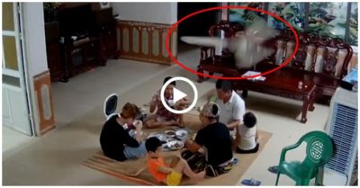 Video quạt trần đang quay bất ngờ rơi xuống mâm cơm gia đình 6 người đang ngồi ăn