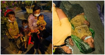 Giấc ngủ vội bên đường trên chiếc áo mưa mỏng của em bé cùng gia đình hồi hương