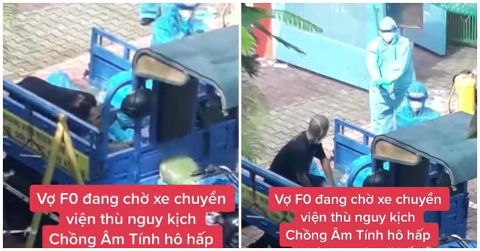 Người chồng vội vàng hô hấp nhân tạo cho vợ mình là F0 đang nguy kịch (ảnh chụp màn hình video).