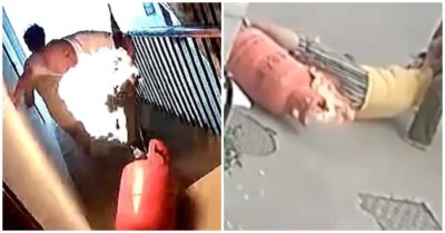 Video: Lôi bình gas đang bốc cháy ra khỏi nhà, hai người bị bỏng