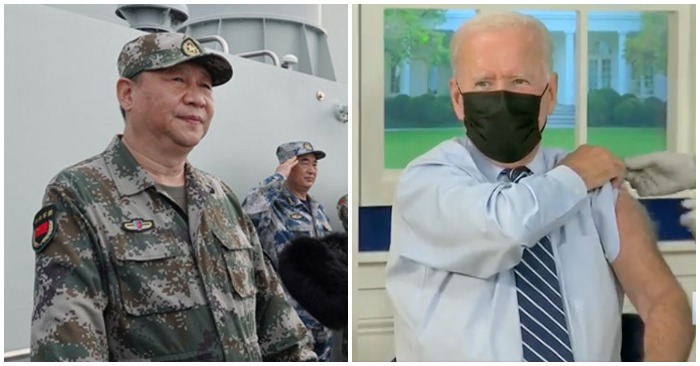 Báo Nikkei (Nhật Bản) bình luận quan hệ Mỹ-Trung trở nên nồng ấm dưới thời ông Joe Biden. Ảnh bên trái từ CGTN cho thấy Chủ tịch Trung Quốc Tập Cận Bình giám sát một cuộc tập trận ở Biển Đông. Ảnh bên phải: Ông Biden tiêm thêm liều thứ 3 vắc xin ngừa Covid-19 ngày 27/9/2021 (ảnh chụp màn hình video).