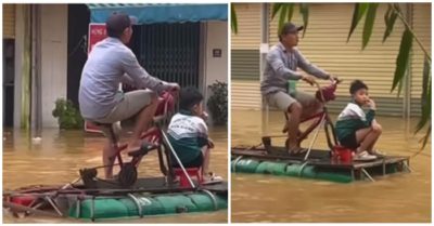 Video 2 cha con trên chiếc xe lội nước độc lạ giữa dòng nước lũ gây chú ý