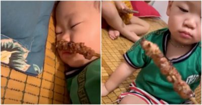 Bé trai tỉnh ngủ khi được mẹ gọi dậy bằng que thịt nướng