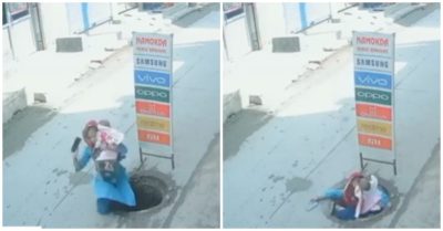Clip: Mải nghe điện thoại, người mẹ bế con nhỏ lọt thẳng xuống cống thoát nước