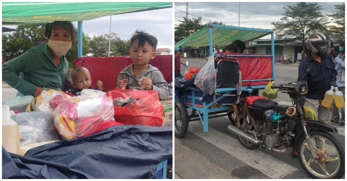 Để chuẩn bị cho chuyến hành trình về quê dài 1.600 km, vợ chồng chị Liễu chế chiếc xe này để di chuyển (ảnh cắt từ clip).