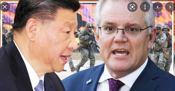 Chủ tịch Trung Quốc Tập Cận Bình và Thủ tướng Úc Scott Morrison (ảnh chụp màn hình Daily Express). Tàu do thám Trung Quốc lởn vởn quanh bờ biển Úc trong 3 tuần vào tháng 8, tháng 9 năm 2021.