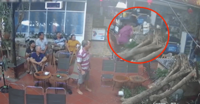 Clip: Cây trong quán cà phê bật gốc đổ sập, người đàn ông may mắn thoát nạn