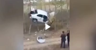 Video: Sau va chạm, ôtô ‘bay’ và mắc kẹt giữa hai cái cây một cách kỳ lạ