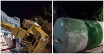 Xe cẩu bình ôxy y tế lật trong khu cách ly, tài xế may mắn thoát nạn