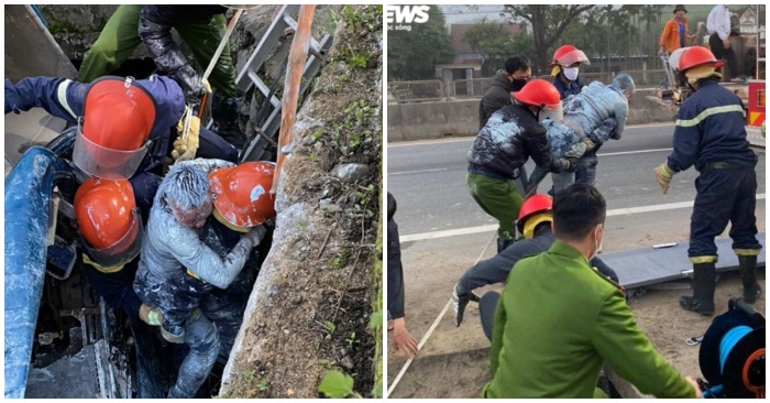 Giải cứu thành công tài xế ra ngoài để đưa đi cấp cứu (ảnh chụp màn hình trên báo VTC News/Lao Động).