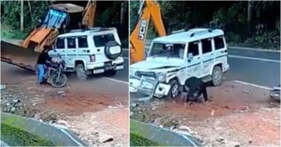 Video: Xe SUV tông văng máy xúc, cứu mạng người đàn ông ngồi bên đường