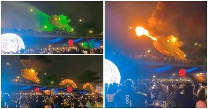Đà Nẵng cho cầu Rồng phun lửa, phun nước trở lại vào ngày 12/2/2022 sau thời gian gián đoạn vì Covid (ảnh chụp từ video).